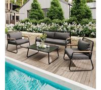 Flieks Gartenlounge-Set 4 Personen, Gartenmöbel-Set Balkonmöbel 4-tlg., Gartensofa mit Kissen, Gartentisch aus Glasplatte, Garniture de jardin noir