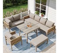 Flieks Gartenloungeset Gartenmöbel Set 6-tlg., Terassenmöbel Balkonmöbelset für 8-9 Personen, Doppelsofa Ecksofa mit Gartentisch und Kissen, Beige