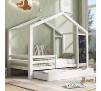 Flieks House Bed Cot 90x200cm, lits pour enfants avec planche et grille, lit simple en bois avec 2 tiroirs et protection contre les chutes