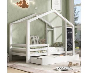 Flieks House Bed Cot 90x200cm, lits pour enfants avec planche et grille, lit simple en bois avec 2 tiroirs et protection contre les chutes