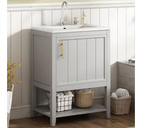 Flieks lavabo avec meuble sous vasque, vasque en céramique, plan de toilette carré, meubles de salle de bain, gris clair