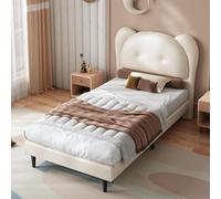 Flieks Lit classique Lit rembourré 90x200cm, Lit d'enfant simple avec tête de lit en forme d'éléphant, Lit de jeune en bois, PU, Beige