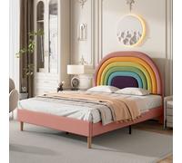 Flieks Lit de jeune 140x200cm Lit rembourré avec sommier à lattes, Lit double en bois massif avec tête de lit en forme d'arc-en-ciel, Lit d'enfant velours, Rose