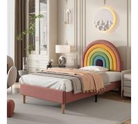 Flieks Lit de jeune 90x200cm Lit rembourré avec sommier à lattes, Lit en bois massif simple avec tête de lit en forme d'arc-en-ciel, Lit d'enfant velours, Rose