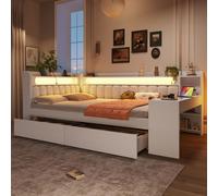 Flieks Lit de jeune avec Led et Usb, Lit de jour Lit double avec étagère, Lit en bois Lit classique avec bureau et tiroirs, Lit d'enfant Blanc