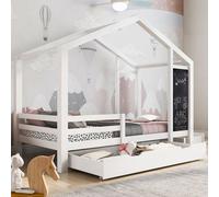 Flieks Lit de maison Lit d'enfant 90x200cm, Lits d'enfant avec tableau et sommier à lattes, Lit simple Cadre en bois de pin Lit en bois massif, sans matelas
