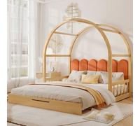 Flieks Lit d'enfant 140x100cm/140x200cm, Lit d'enfant avec sommier à lattes et lit extensible, Lit de sol en bois massif Lit de jour Lit coulissant avec toit bombé, naturel