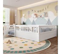 Flieks Lit d'enfant 140x190cm avec porte rabattable, Lit double au sol sans sommier à lattes, Lit d'enfant classique avec protection contre les chutes, Blanc