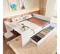 Flieks Lit d'enfant 140x200cm avec 2 tiroirs, lit d'enfant double avec bureau et étagères, lit en bois lit plat chambre d'enfant, blanc