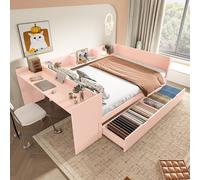 Flieks Lit d'enfant 140x200cm avec 2 tiroirs, lit d'enfant double avec bureau et étagères, lit en bois lit plat chambre d'enfant, Rose
