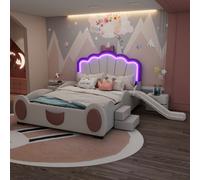 Flieks Lit d'enfant 140x200cm avec toboggan et LED, Lit d'enfant avec protection contre la chute et sommier à lattes, Lit au sol avec escalier, Lit enfant, PU, Blanc
