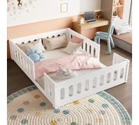 Flieks Lit d'enfant 140x200cm sans sommier, Lit double en bois Lit au sol avec protection contre les chutes, Lit de jeu Lit classique, Blanc