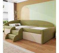 Flieks Lit d'enfant 90x190cm avec escalier, Canapé-lit pour enfants Lit simple avec protection contre les chutes et sommier à lattes, Lit rembourré velours, Vert