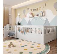 Flieks Lit d'enfant 90x190cm avec porte rabattable, Lit au sol simple sans sommier à lattes, Lit d'enfant classique avec protection contre les chutes, Blanc