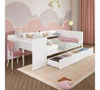 Flieks Lit d'enfant 90x200cm avec 2 tiroirs, lit d'enfant simple avec bureau et étagères, lit en bois lit plat chambre d'enfant, blanc
