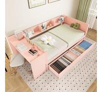 Flieks Lit d'enfant 90x200cm avec 2 tiroirs, lit d'enfant simple avec bureau et étagères, lit en bois lit plat chambre d'enfant, Rose