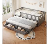 Flieks Lit d'enfant 90x200cm avec lit gigogne 90x190cm, Lit en bois Lit classique avec 2 tiroirs, Lit simple Lit d'adolescent avec antichute, Gris