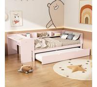 Flieks Lit d'enfant 90x200cm avec lit gigogne, lit simple en bois avec bureau et étagère, lit classique pour chambre d'enfant, rose