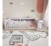 Flieks Lit d'enfant 90x200cm avec porte, lit de sol lit de jeu avec des compartiments de rangement ouverts, lit simple en bois avec sommier à lattes et protection contre les chutes, blanc