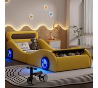 Flieks Lit d'enfant 90x200cm avec protection contre la chute, lit de voiture avec des pneus de voiture lumineux, lit de sol lit de jeu avec sommier à lattes et espace de rangement, PU, jaune