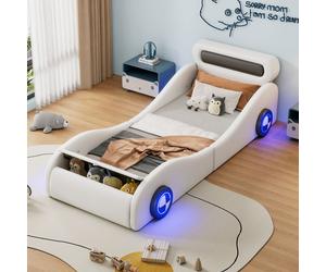 Flieks Lit d'enfant 90x200cm avec protection contre la chute, lit de voiture avec des pneus de voiture lumineux, lit de sol lit de jeu avec sommier à lattes et espace de rangement, PU, blanc