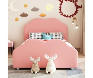 Flieks Lit d'enfant 90x200cm avec sommier à lattes, lit rembourré pour adolescents avec tête et pied en forme de nuage, lit simple en bois lit au sol, velours, rose