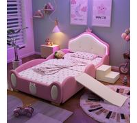 Flieks Lit d'enfant 90x200cm avec toboggan et escalier, lit de sol lit de princesse avec tête de lit en forme de couronne, lit rembourré avec protection contre les chutes, PU, rose