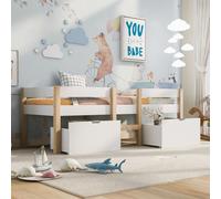 Flieks Lit d'enfant avec protection contre les chutes et sommier à lattes, lit surélevé en pin 90x200 cm avec 2 tiroirs, blanc