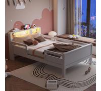 Flieks Lit d'enfant en bois 90x200cm avec protection contre la chute, lit simple pour adolescents avec Led et fonction de chargement, lit classique, blanc