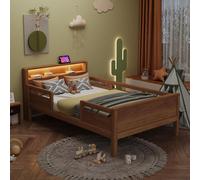 Flieks Lit d'enfant en bois 90x200cm avec protection contre la chute, lit simple pour adolescents avec Led et fonction de chargement, lit classique, naturel