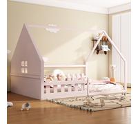 Flieks Lit d'enfant Lit de maison 140x200cm avec protection contre les chutes, Lit au sol double avec sommier à lattes, Lit de jeu en bois, Lit au sol pour chambre d'enfant, Rose