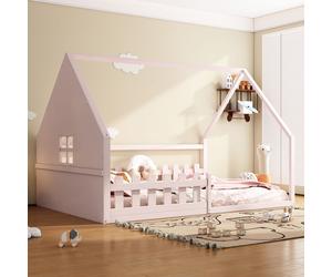 Flieks Lit d'enfant Lit de maison 140x200cm avec protection contre les chutes, Lit au sol double avec sommier à lattes, Lit de jeu en bois, Lit au sol pour chambre d'enfant, Rose