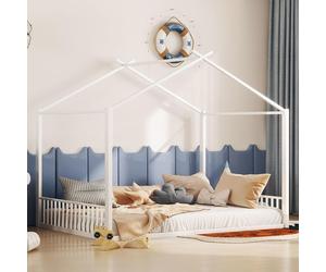 Flieks Lit d'enfant Lit de maison 140x200cm, Lit au sol double pour enfants avec sommier à lattes, Lit de jeu en fer pour chambre d'enfant, Blanc