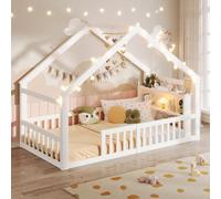 Flieks Lit d'enfant Lit de maison 90x190cm avec Led, Lit au sol avec étagère, Lit plat en bois Lit individuel avec protection antichute pour chambre d'enfant, Blanc