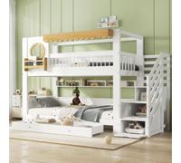 Flieks Lit d'enfant Lit de maison 90x200cm avec étagère, lit superposé avec tiroirs, lit surélevé pour enfant avec escalier de rangement et protection contre les chutes, blanc