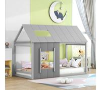 Flieks Lit d'enfant Lit de maison 90x200cm avec protection contre les chutes, lit de sol en bois lit simple enfants, lit de jeu avec sommier à lattes, Gris