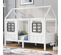 Flieks Lit d'enfant Lit de maison 90x200cm avec protection contre les chutes, lit simple avec sommier à lattes et 2 fenêtres, lit en bois massif au sol Lit d'enfant pour garçon et fille, Blanc