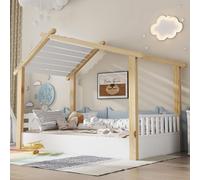 Flieks Lit d'enfant Lit de maison 90x200cm avec sommier à lattes, Lit en bois simple pour chambre d'enfant, Lit d'enfant classique, naturel