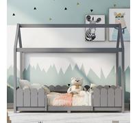 Flieks Lit d'enfant Lit de maison 90x200cm Lit d'enfant avec protection contre les chutes et sommier à lattes, Lit au sol en bois de pin, Gris