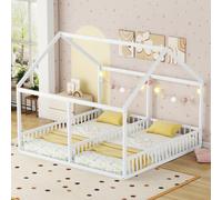Flieks Lit d'enfant Lit de maison 90x200cm pour 2 enfants, lit au sol en bois massif avec protection contre les chutes et sommier à lattes, 2 lit simple lit double, blanc