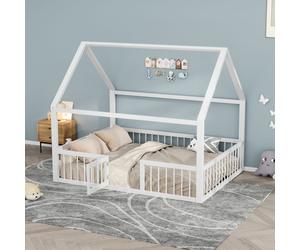 Flieks Lit d'enfant Lit de maison Lit métallique 140x200cm avec porte, Lit au sol avec sommier à lattes, Lit métallique simple avec protection contre les chutes, Blanc