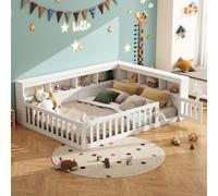 Flieks Lit d'enfant Lit de sol 140x190cm avec USB et porte, Lit double en bois Lit de jour enfants avec étagère, Lit d'enfant classique avec antichute, Blanc