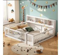 Flieks Lit d'enfant lit de sol 140x200cm avec étagère, lit en bois double pour chambre d'enfant, lit d'enfant avec porte et sommier, blanc