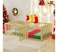Flieks Lit d'enfant Lit de sol en bois avec protection contre les chutes et porte, Lit de jeu simple pour enfants 90x200cm, Naturel