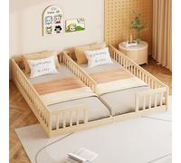 Flieks lit d'enfant lit simple pour 2 enfants, lit au sol 90x200cm * 2, lit en bois lit de jeu avec sommier à lattes, lit d'enfant avec protection contre les chutes, naturel