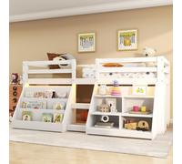 Flieks Lit d'enfant surélevé 90x200cm avec 2 étagères, lit superposé avec Led, lit en bois simple lit superposé avec antichute et sommier à lattes, blanc