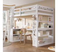 Flieks Lit d'enfant surélevé 90x200cm avec bureau et étagère, lit superposé avec compartiment de rangement et toile feutrée, lit superposé simple avec échelle, blanc