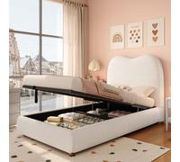 Flieks Lit hydraulique rembourré 90x200cm avec espace de rangement, Lit d'enfant simple avec tête de lit rembourrée, Lit de rangement Bou eige