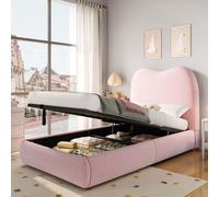 Flieks Lit hydraulique rembourré 90x200cm avec espace de rangement, Lit d'enfant simple avec tête de lit rembourrée, Lit de rangement velours, Rose