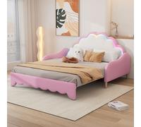 Flieks Lit rembourré 140x100cm/140x200cm, Lit d'enfant avec protection contre la chute, Canapé-lit Canapé avec sommier à lattes, Lit d'adolescent avec LED, PU, Rose